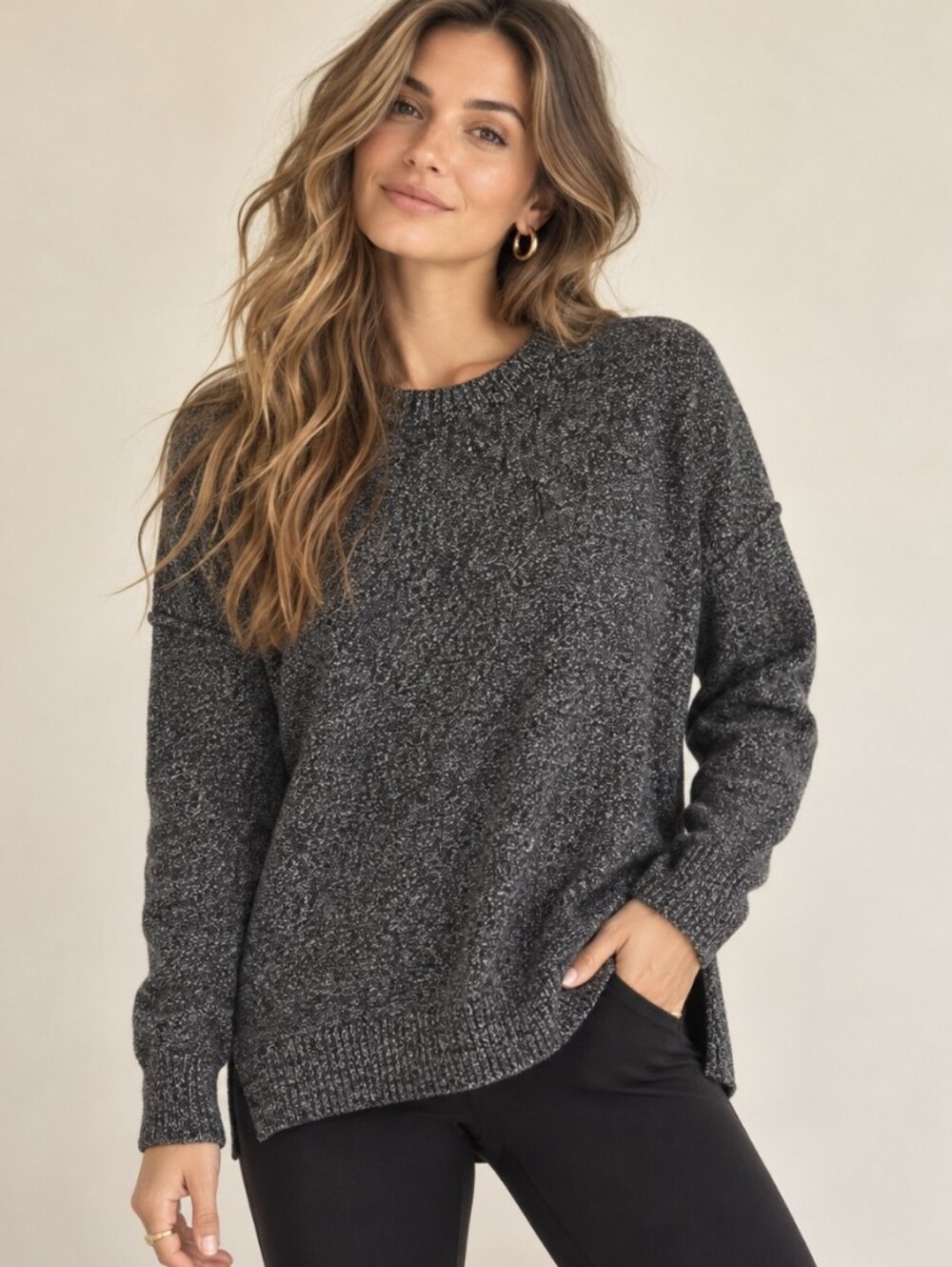 Athleta Perspective Sweater Wool/Cashmere Blend Black Heather Marled Womens Sz S